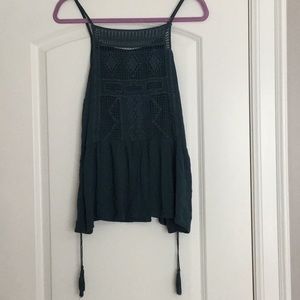 Teal tank top with tassels and crochet detailing